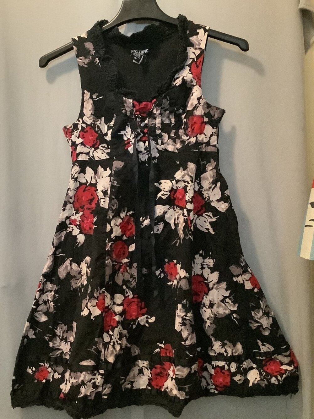 Vintage 2015 Hot Topic Rose Print Corset Dress - Tiered Lace Full Flare M/L